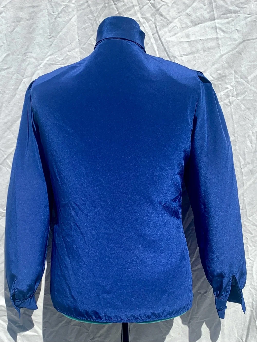 Vintage Blue Secretary Blouse Sz 6 High Neck Long Sleeve Pleated Satin Top
